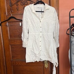 Zara White Eyelet Button-Front Shirt Dress